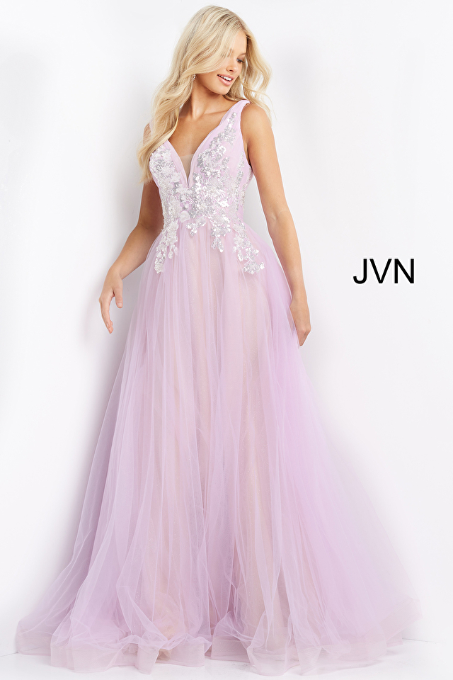 Model wearing Jovani style JVN07638 prom dress