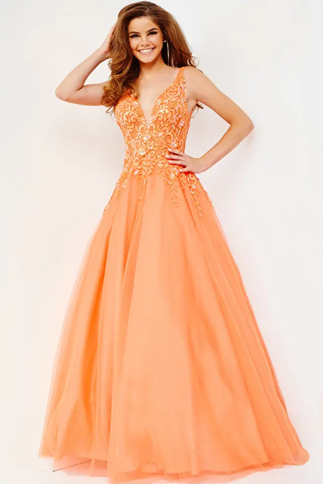 Model wearing Jovani style JVN22831 prom dress