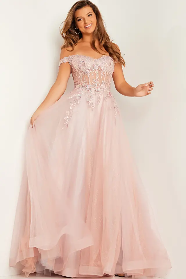 Model wearing Jovani style JVN37436 prom dress
