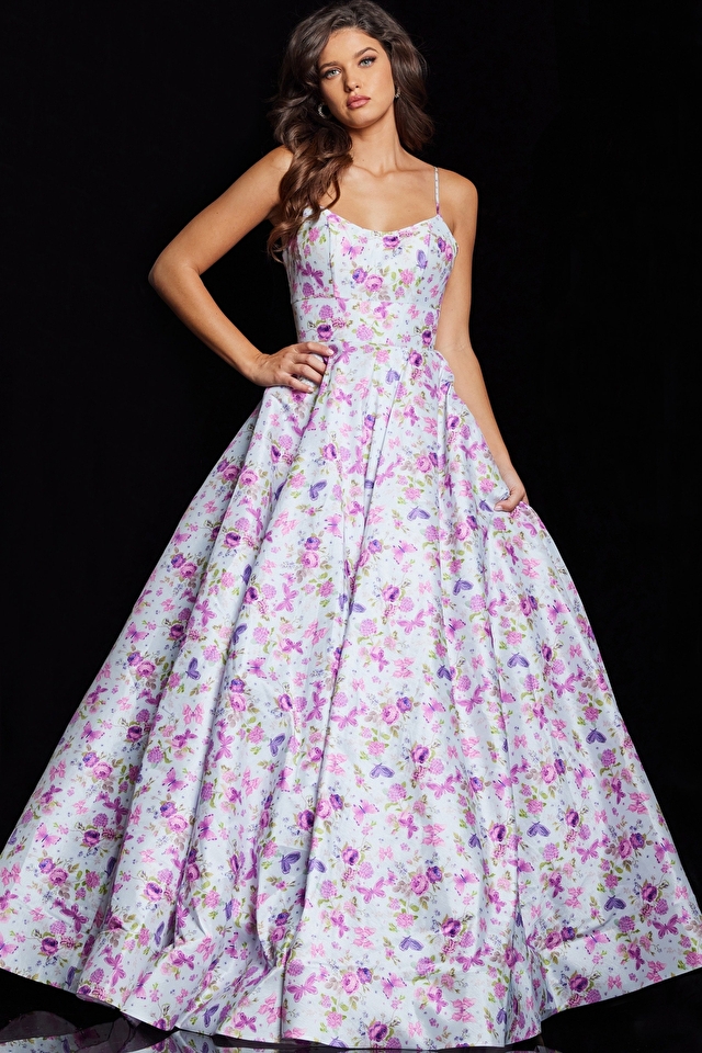 Model wearing Jovani style JVN38218 prom dress