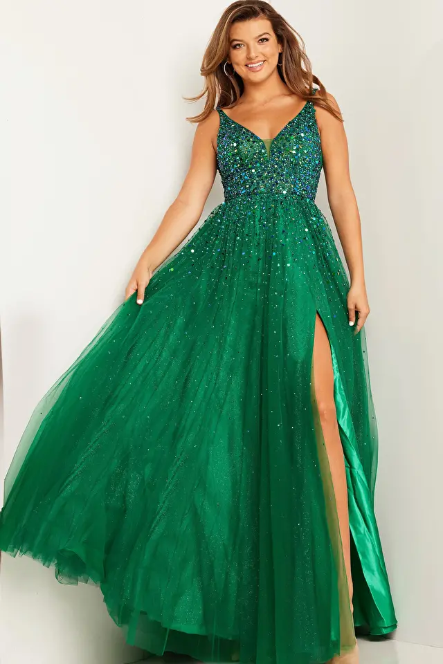 Model wearing Jovani style JVN38437 prom dress