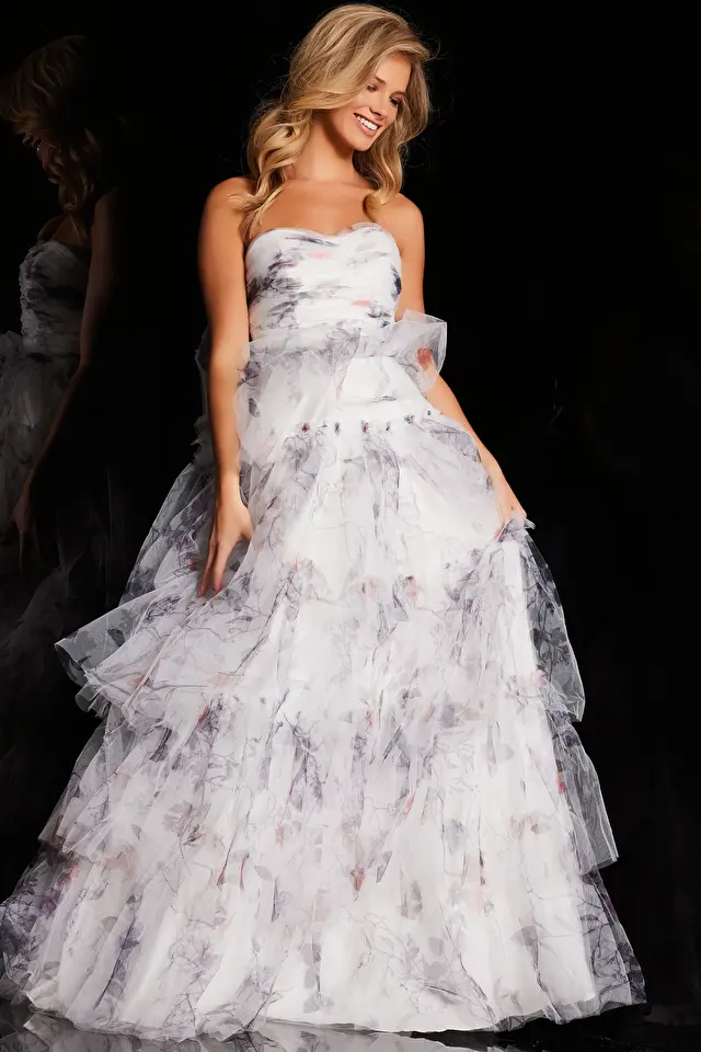 Model wearing Jovani style JVN38608 prom dress