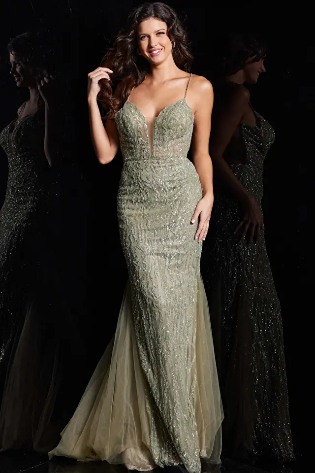 Model wearing Jovani style 39292 prom dress
