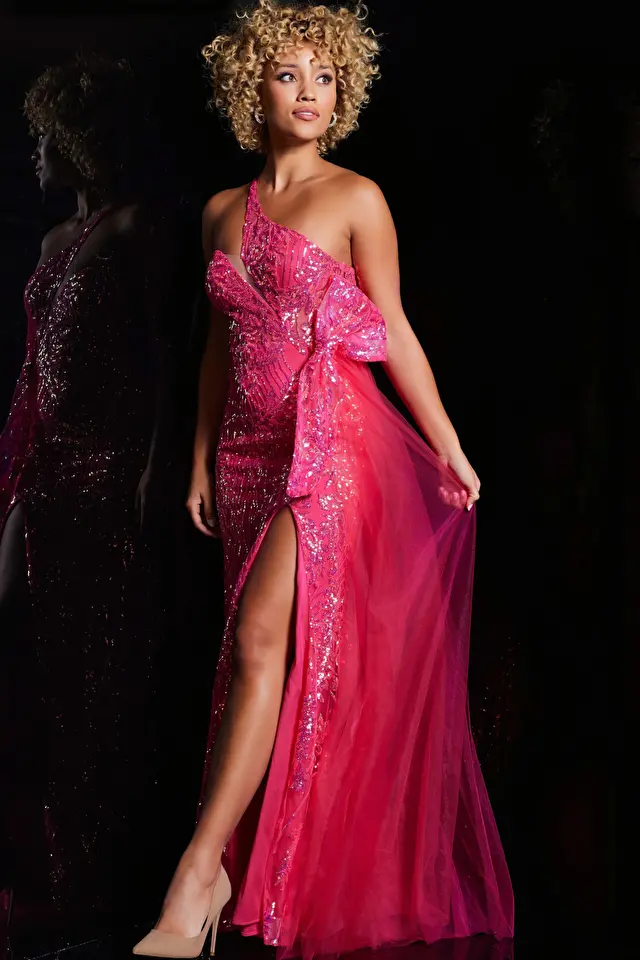 Model wearing Jovani style JVN39384 prom dress