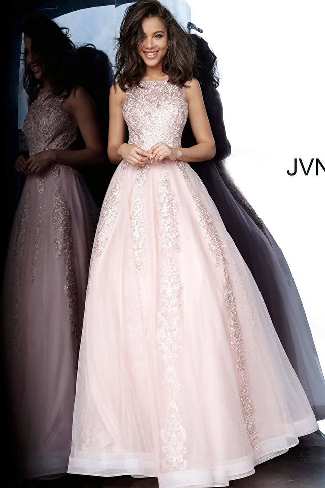 Model wearing Jovani style JVN59046 prom dress