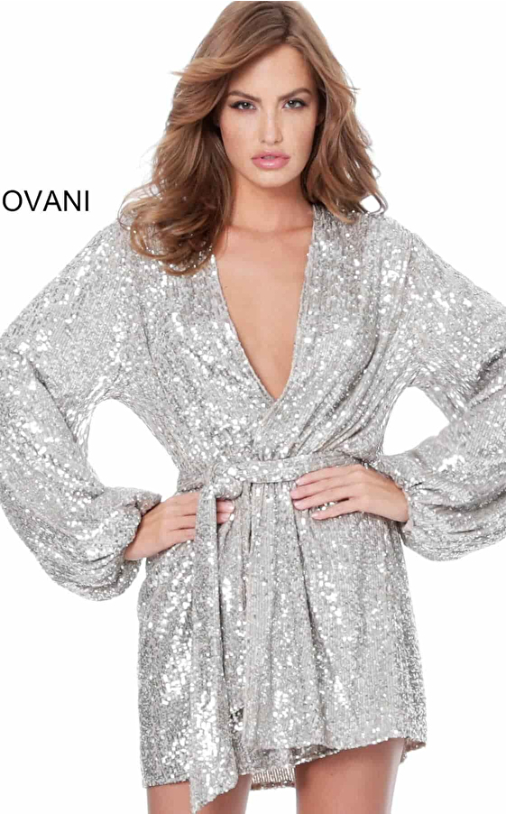 jovani Jovani M3612 Nude Silver Sequin Wrap Short Dress