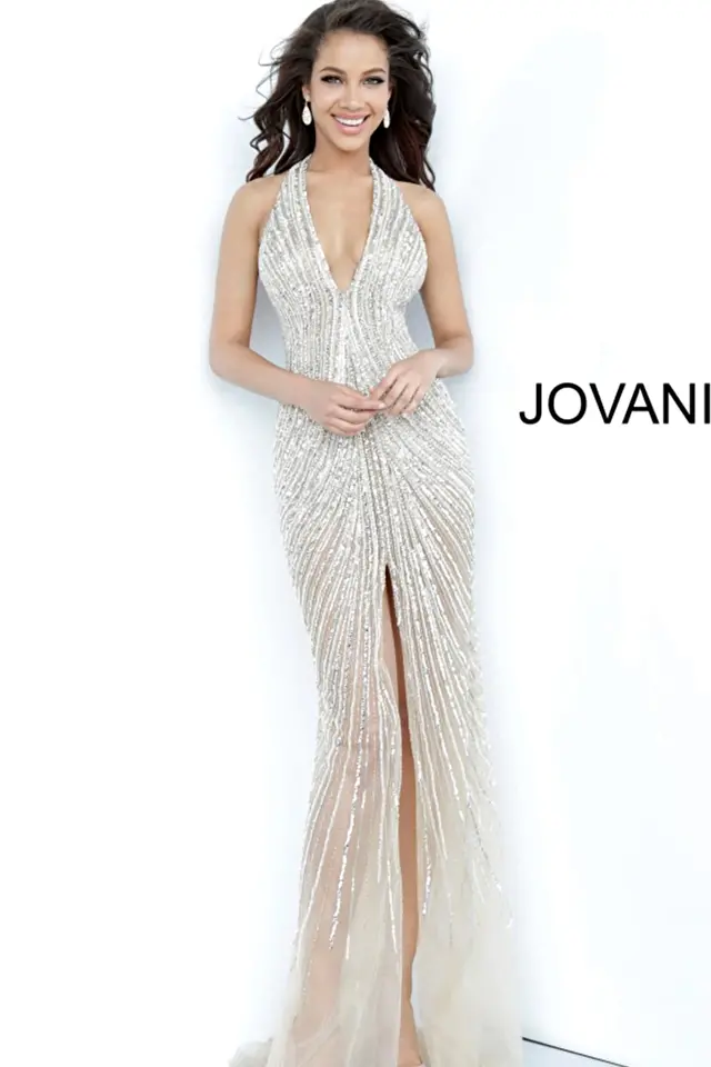 Model wearing Jovani style 2609 beige dress