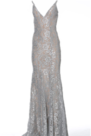 silver metallic sheath prom dress 02906