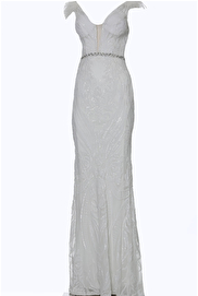 white feather shoulders prom dress 3180