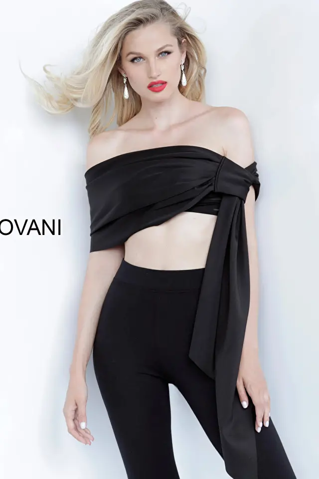 Model wearing Jovani style 68693 contemporary dress