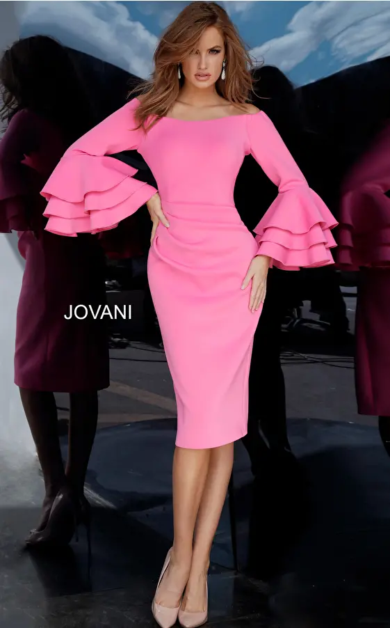 Knee length deep pink scuba Jovani dress 02992