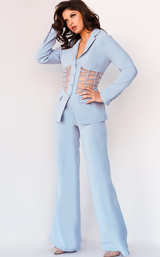 Jovani 07227 Sheer Waist Two Piece Contemporary Pant Suit