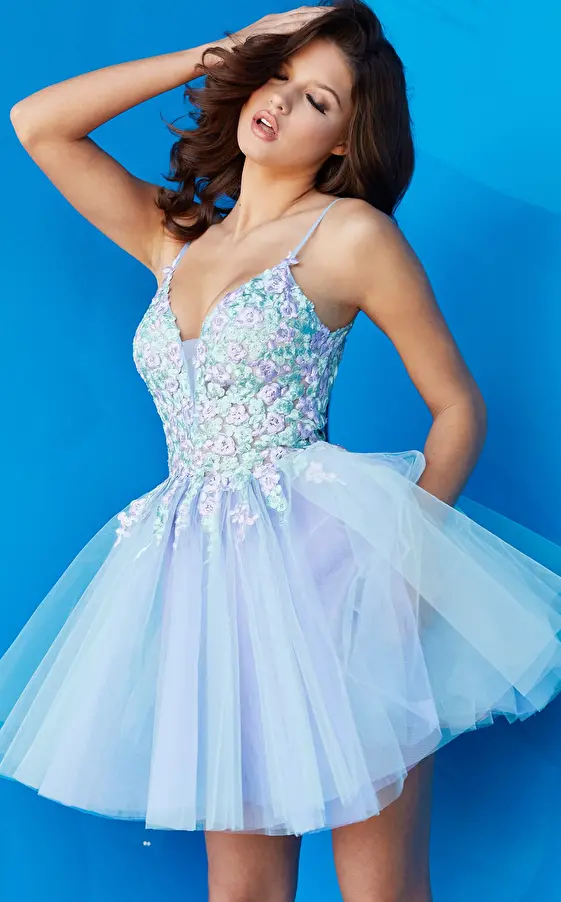 Jovani 09728 Multi Floral Embroidered Bodice Tulle Homecoming Dress