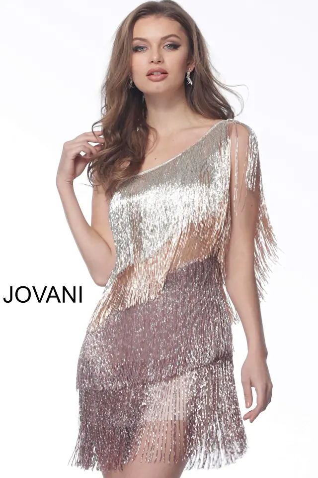 Jovani 1411 Multi One Shoulder Fringe Cocktail Dress 