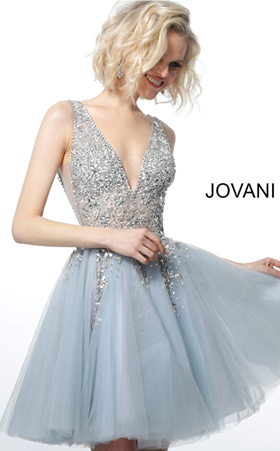 jovani Jovani 1774 Light Blue Crystal Embellished Bodice Cocktail Dress 
