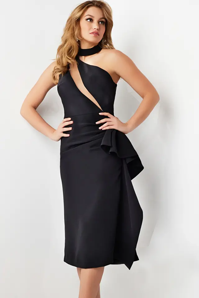 Model wearing Jovani style 23807 black prom dress