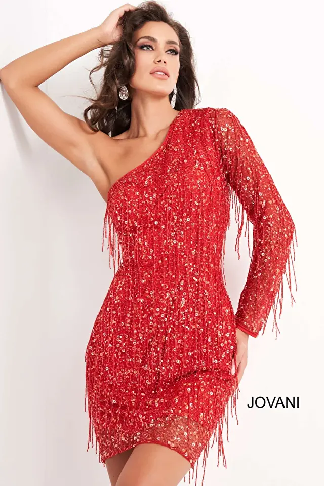Model wearing Jovani style 2645 fringe dress