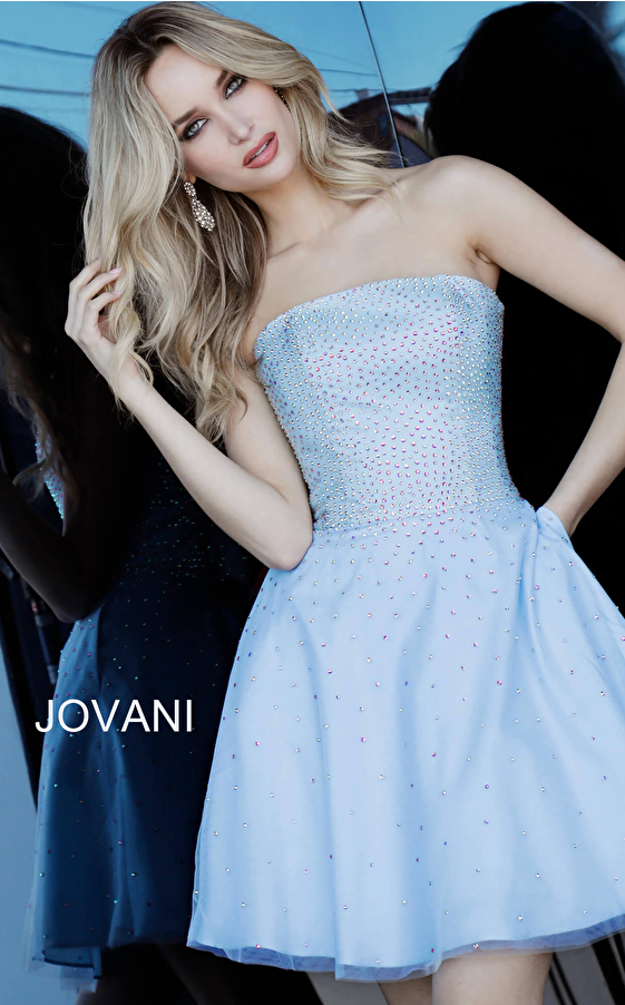 Jovani K2830 Light Blue Strapless Fit and Flare Cocktail Dress 