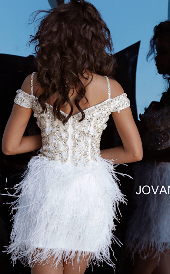 Jovani 62381 Ivory Off the Shoulder Feather Skirt Cocktail Dress 