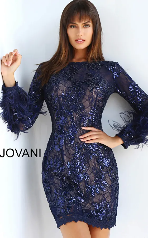 jovani Navy Long Sleeve Embellished Cocktail Dress 63351
