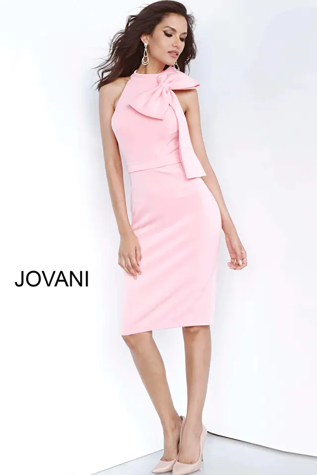 Jovani 68982 Pink High Neckline Knee Length Cocktail Dress 
