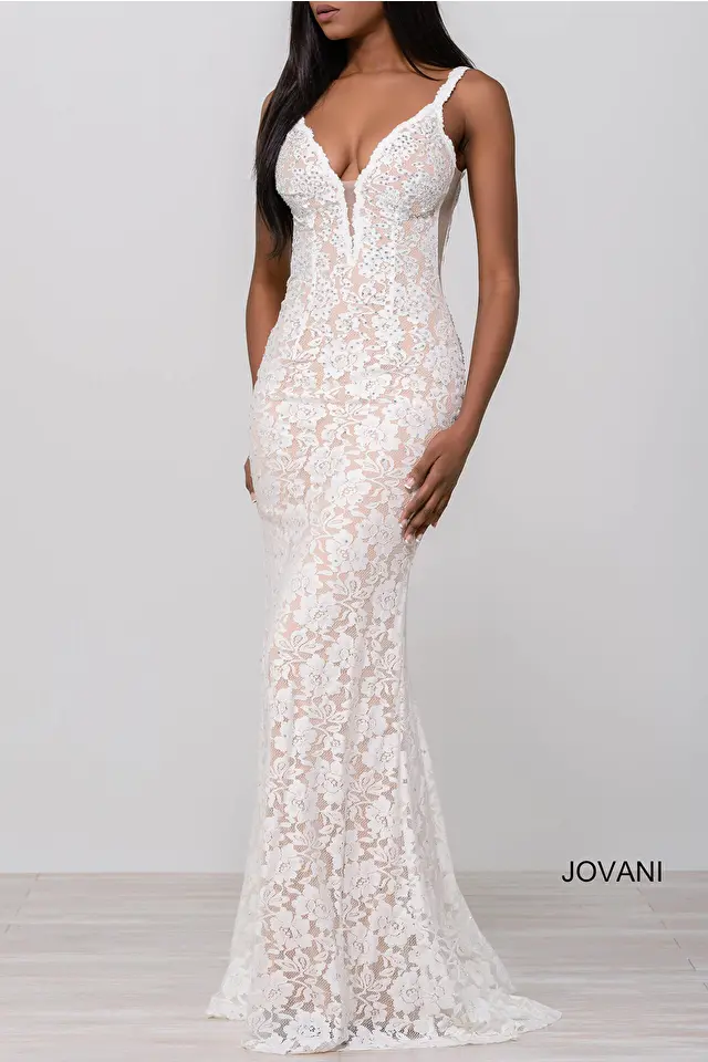 Ivory lace heat set stones v neck prom dress 48994