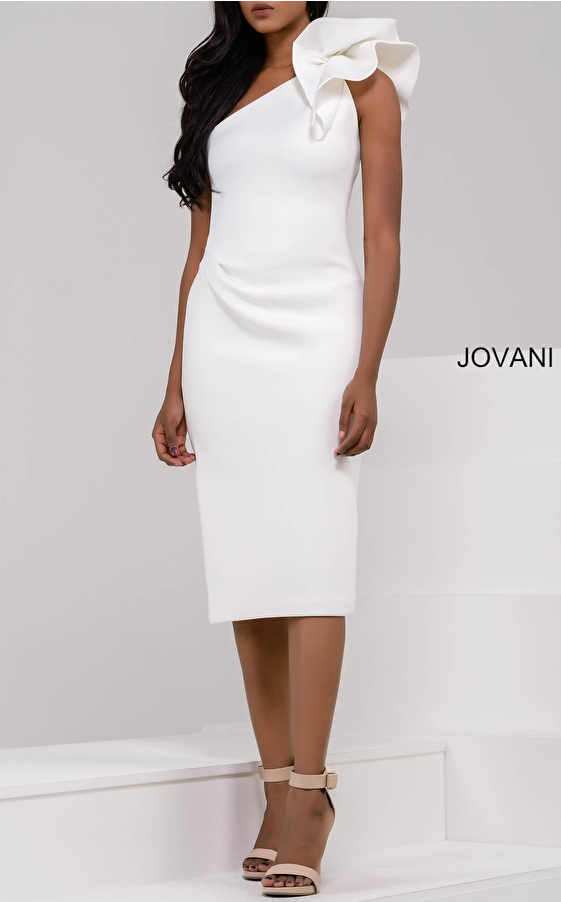 Jovani white shoulder ruffle midi dress 23886
