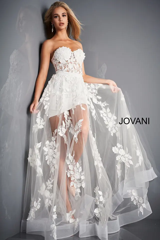 Model wearing Jovani style 02845 white prom dress