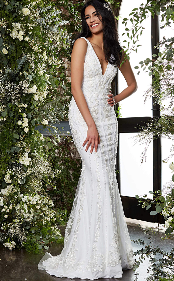 Jovani 04957 Off White V Neck Embellished Wedding Dress
