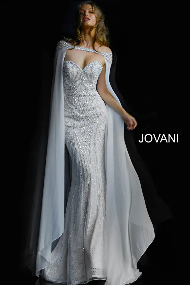 Model wearing Jovani style 45566 fitted wedding dress