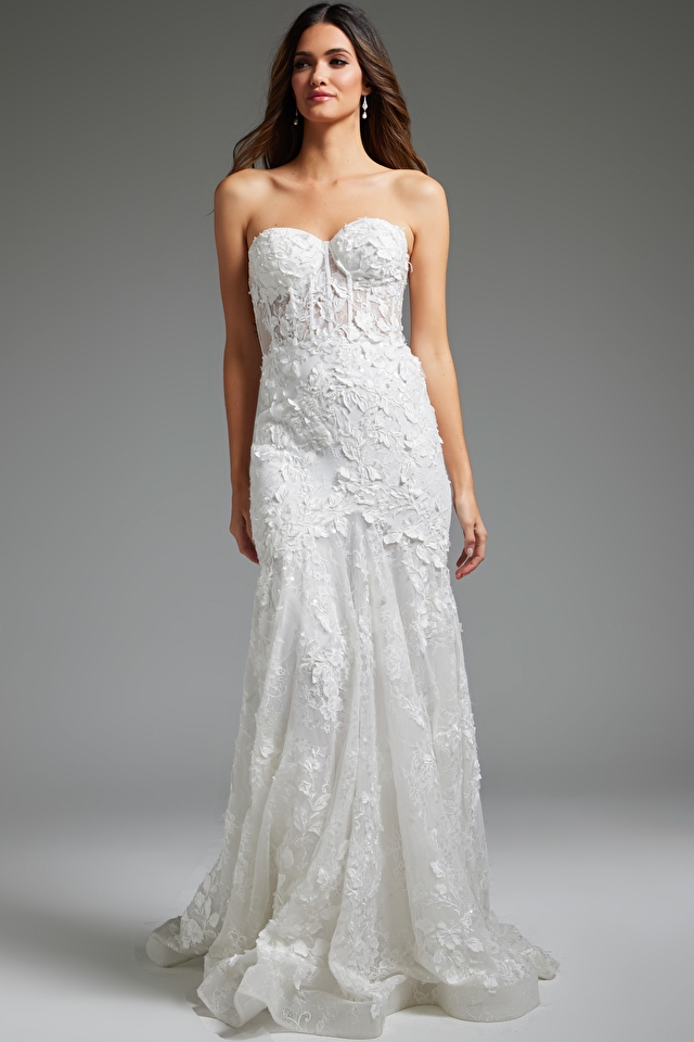 Model wearing Jovani style JB02836 lace wedding dress