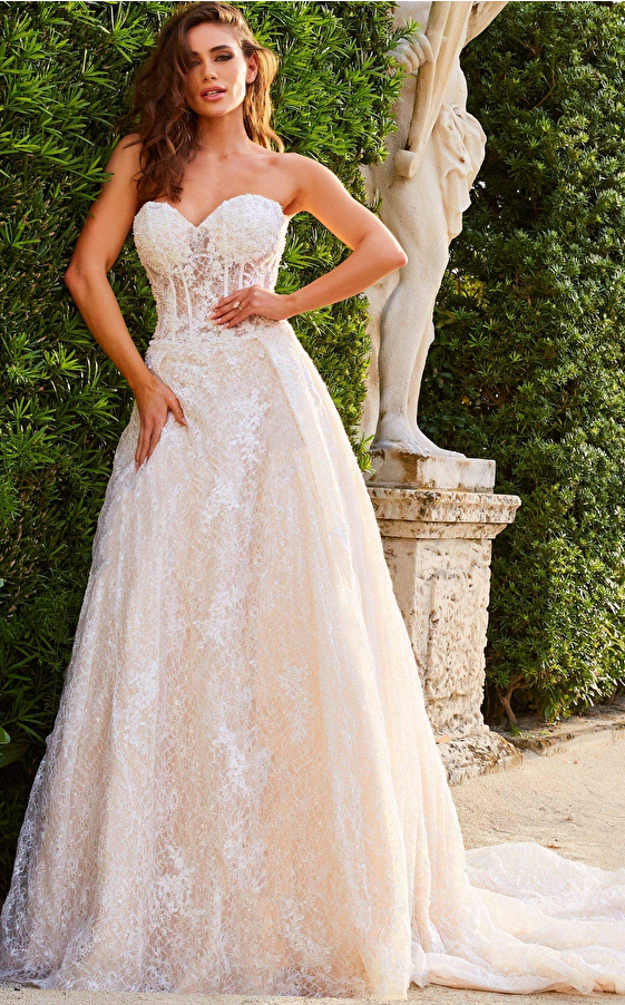 jovani JB05349 Ivory Lace A Line Strapless Bridal Gown