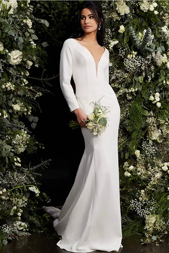 Model wearing Jovani style JB06911 fitted wedding dress