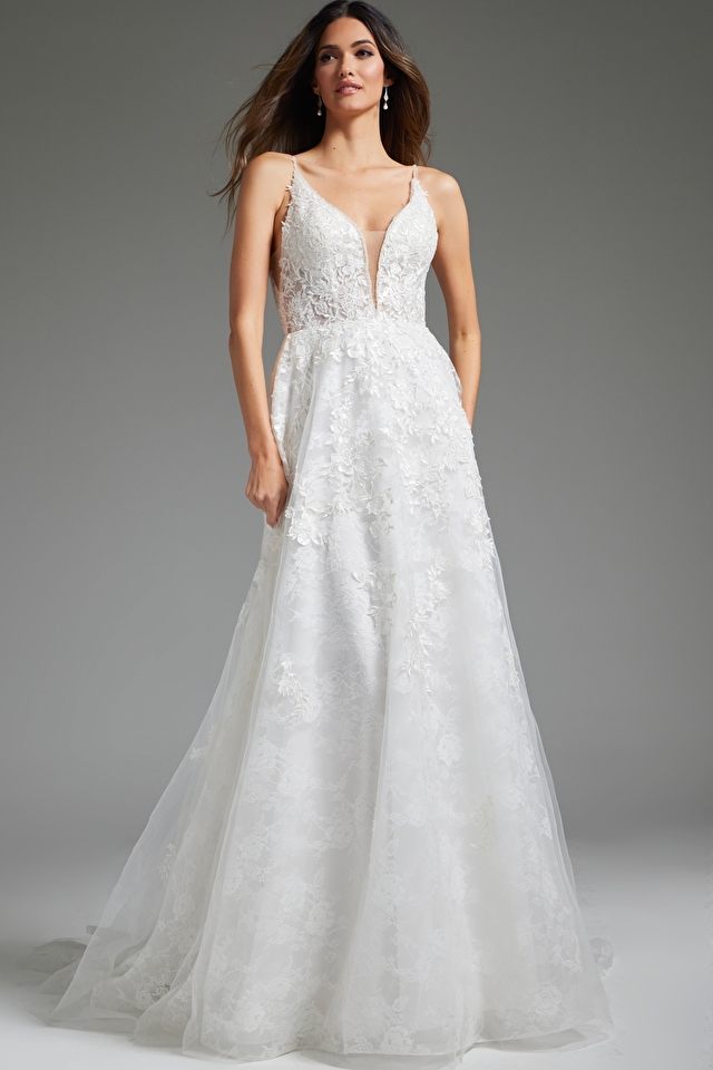 Model wearing Jovani style JB07147 lace wedding dress