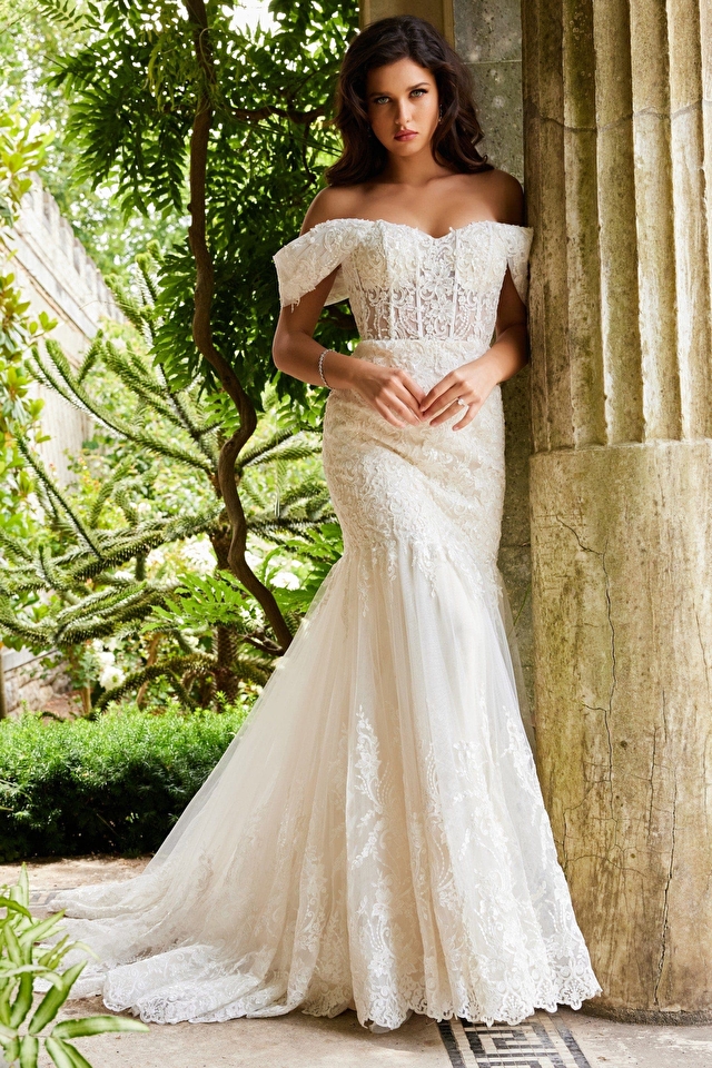 Model wearing Jovani style JB07161 lace wedding dress