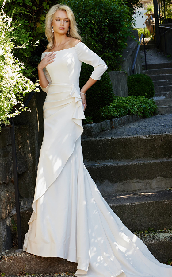 jovani Jovani Bridal JB07456 Off White Three Quarter Sleeve Sheath Wedding Dress