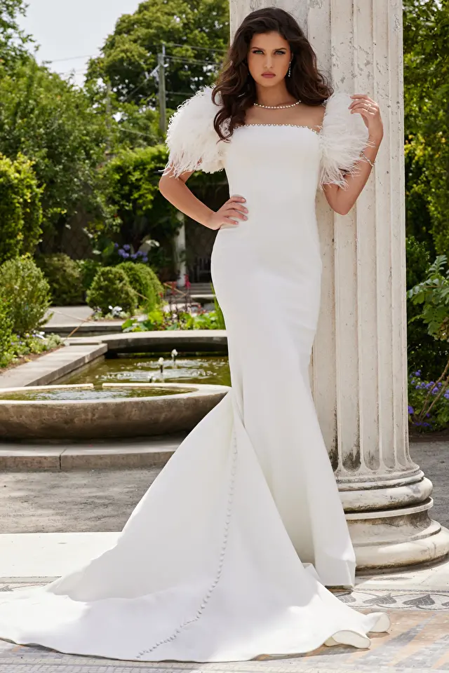 jovani Jovani JB07651 Off White Feather Sleeves Scuba Bridal Dress
