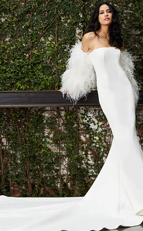Jovani JB07651 Off White Feather Sleeves Scuba Bridal Dress