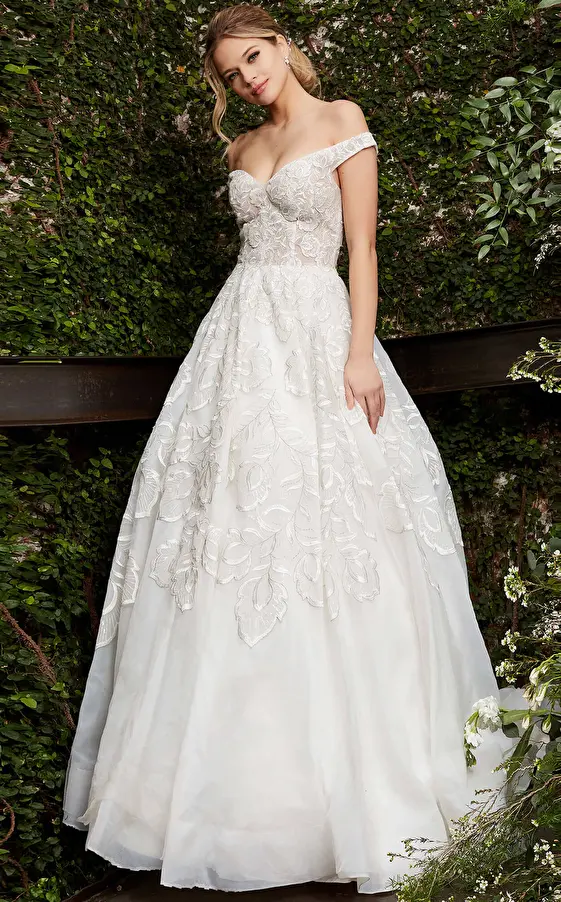 Off White Embellished V Neck Wedding Dress JB65936