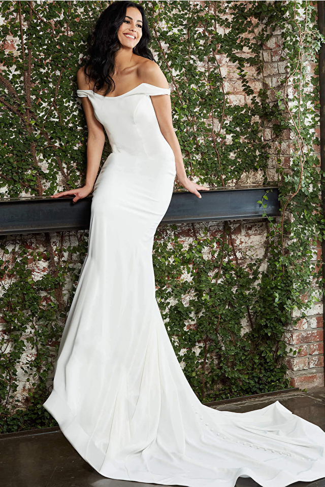 Model wearing Jovani style S05489 fitted wedding dress
