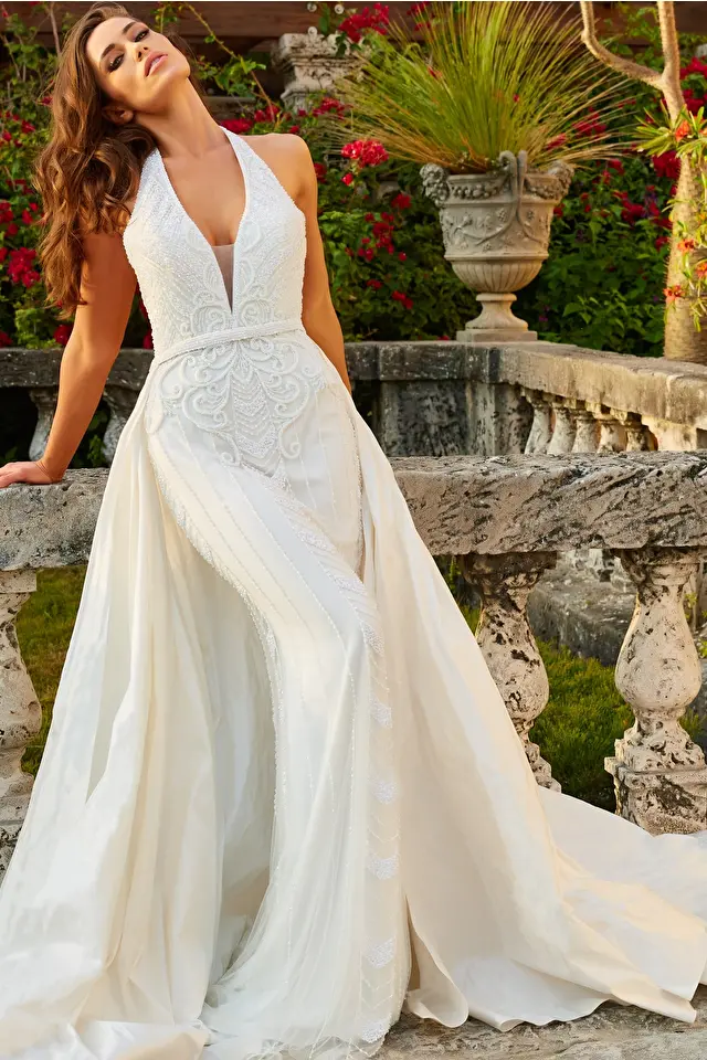 Model wearing Jovani style jb07451 open back wedding dress