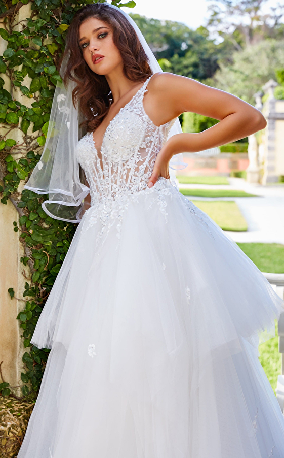 JB09393 White Plunging Neckline Sleeveless Wedding Ballgown
