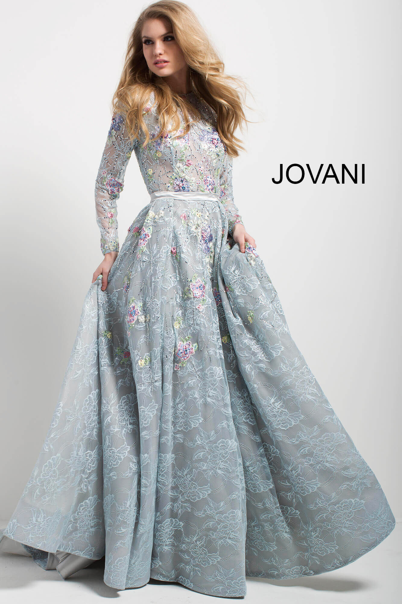 Jovani 54550 | Light Blue Lace Embroidered Floral Gown