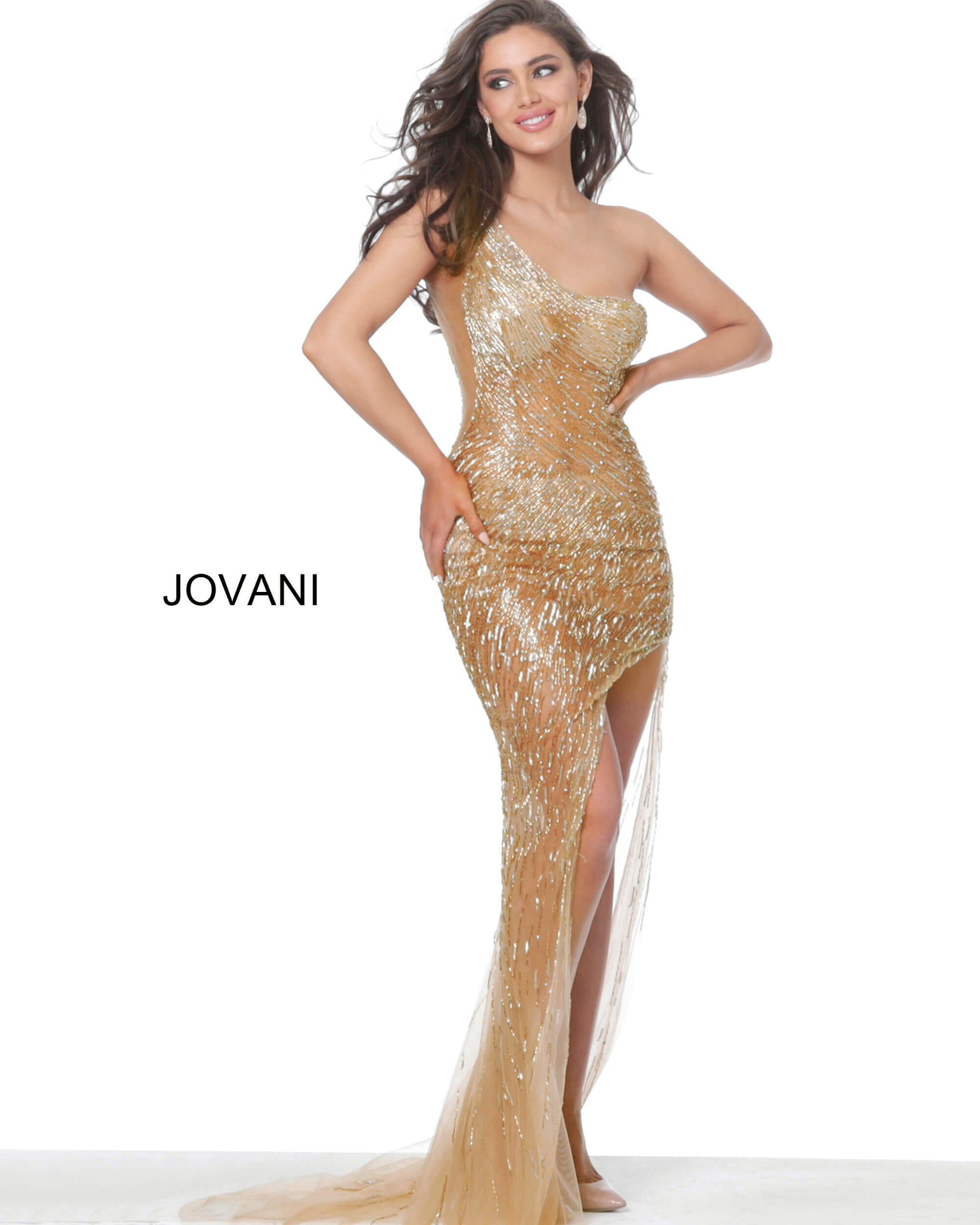 Jovani Dress 02494 | Nude Beaded One Shoulder Dress