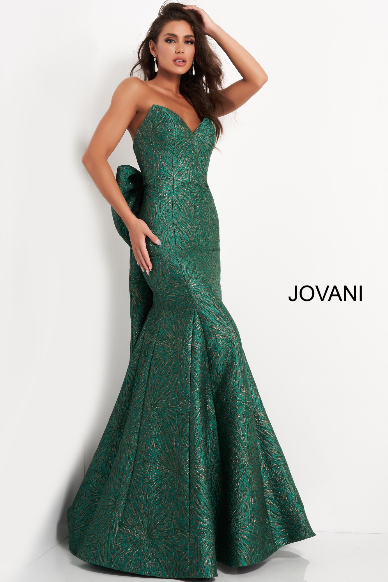 Jovani 04158 | Green Jacquard V Neck Evening Dress