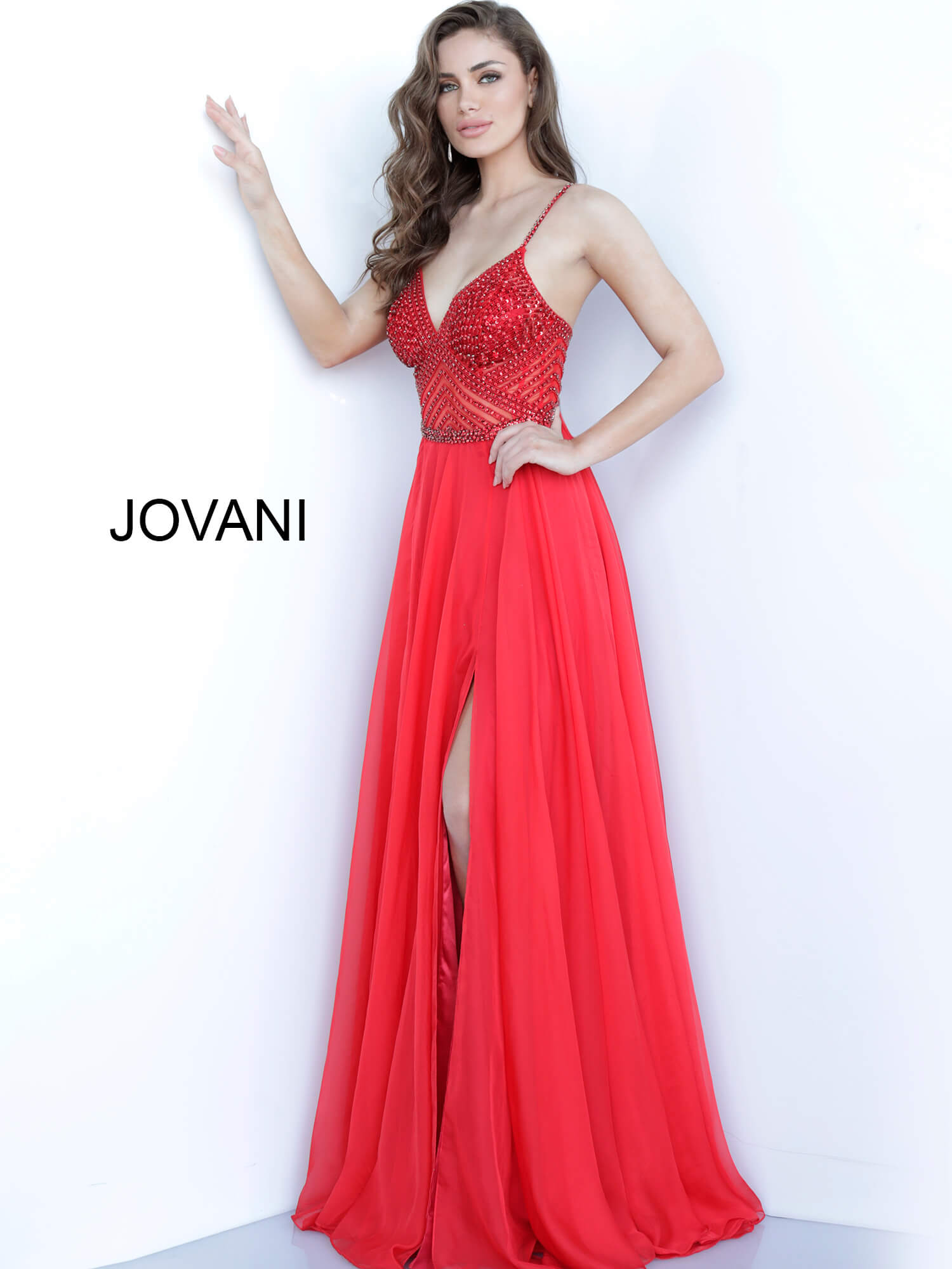 Jovani 66925 | Red Flowy Chiffon Embellished Prom Dress