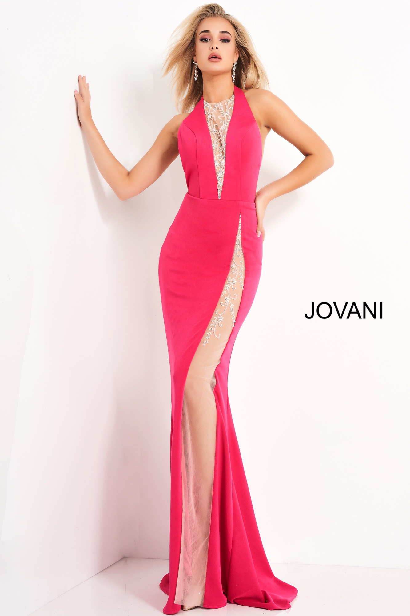 Jovani 02086 | Hot Pink Halter Neck Backless Prom Dress