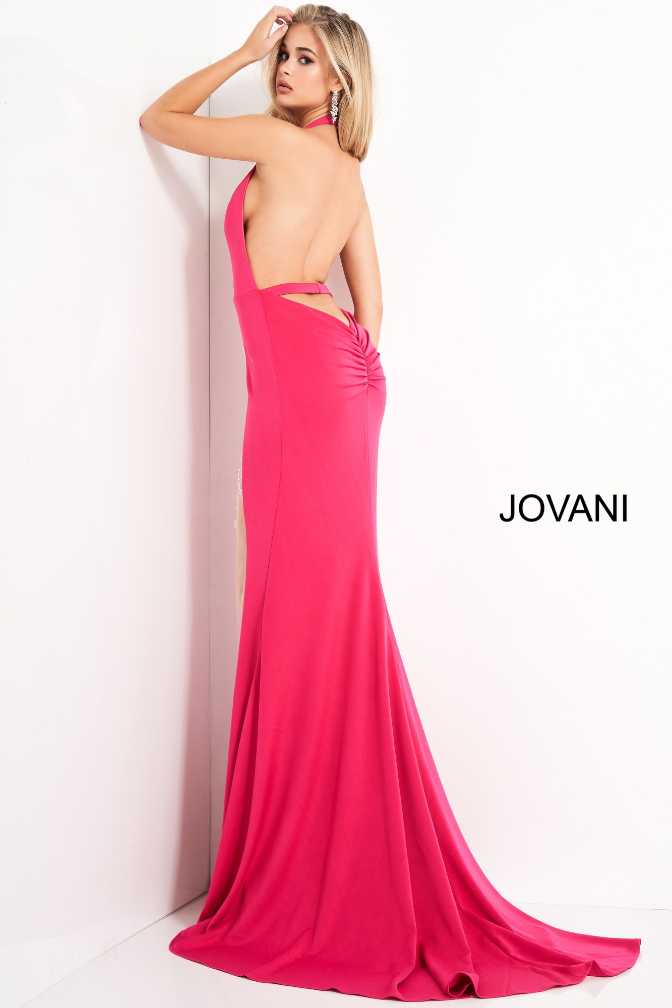 Jovani 02086 Hot Pink Halter Neck Backless Prom Dress