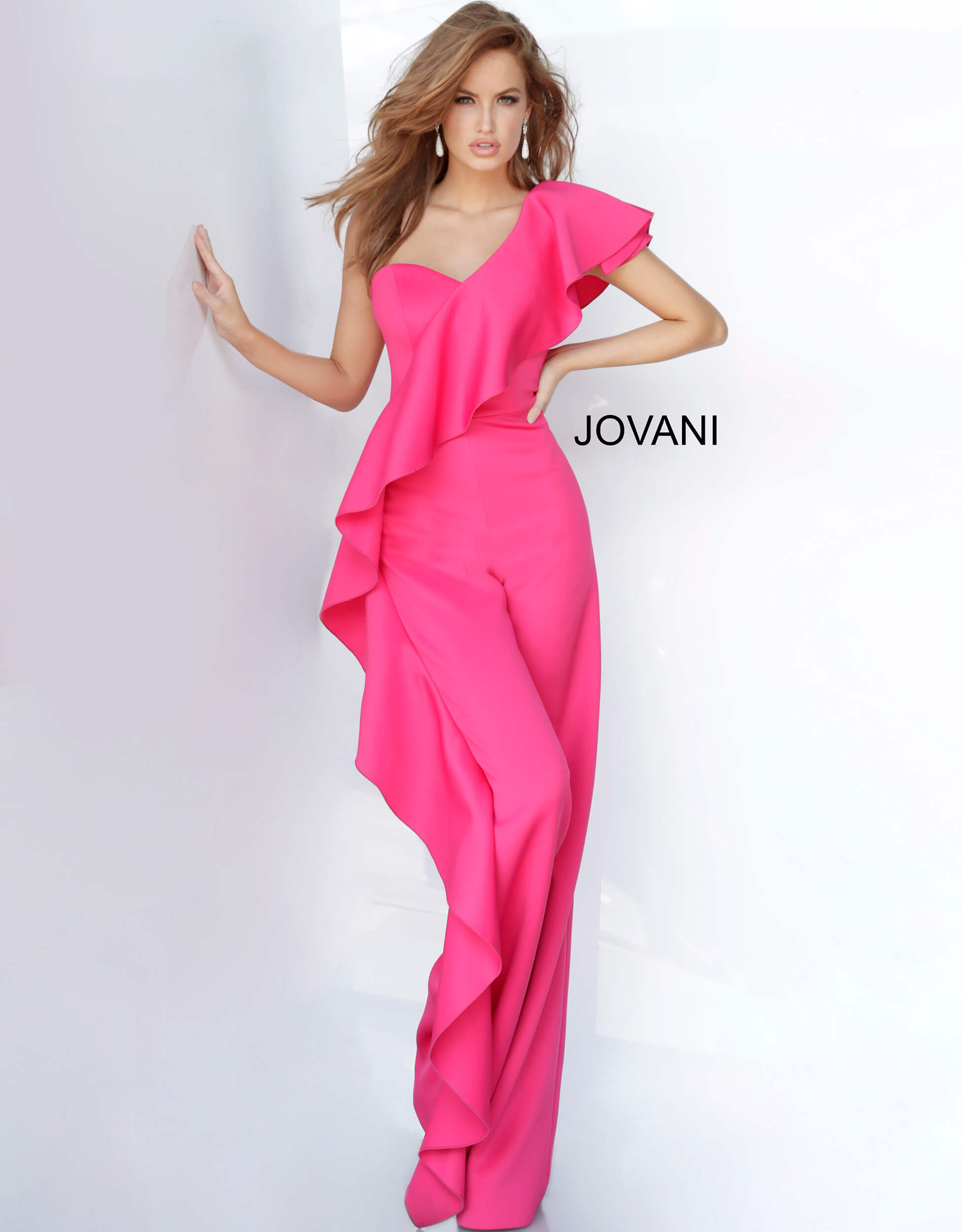 Jovani 02617 | One Shoulder Fuchsia Prom Stretch Jumpsuit