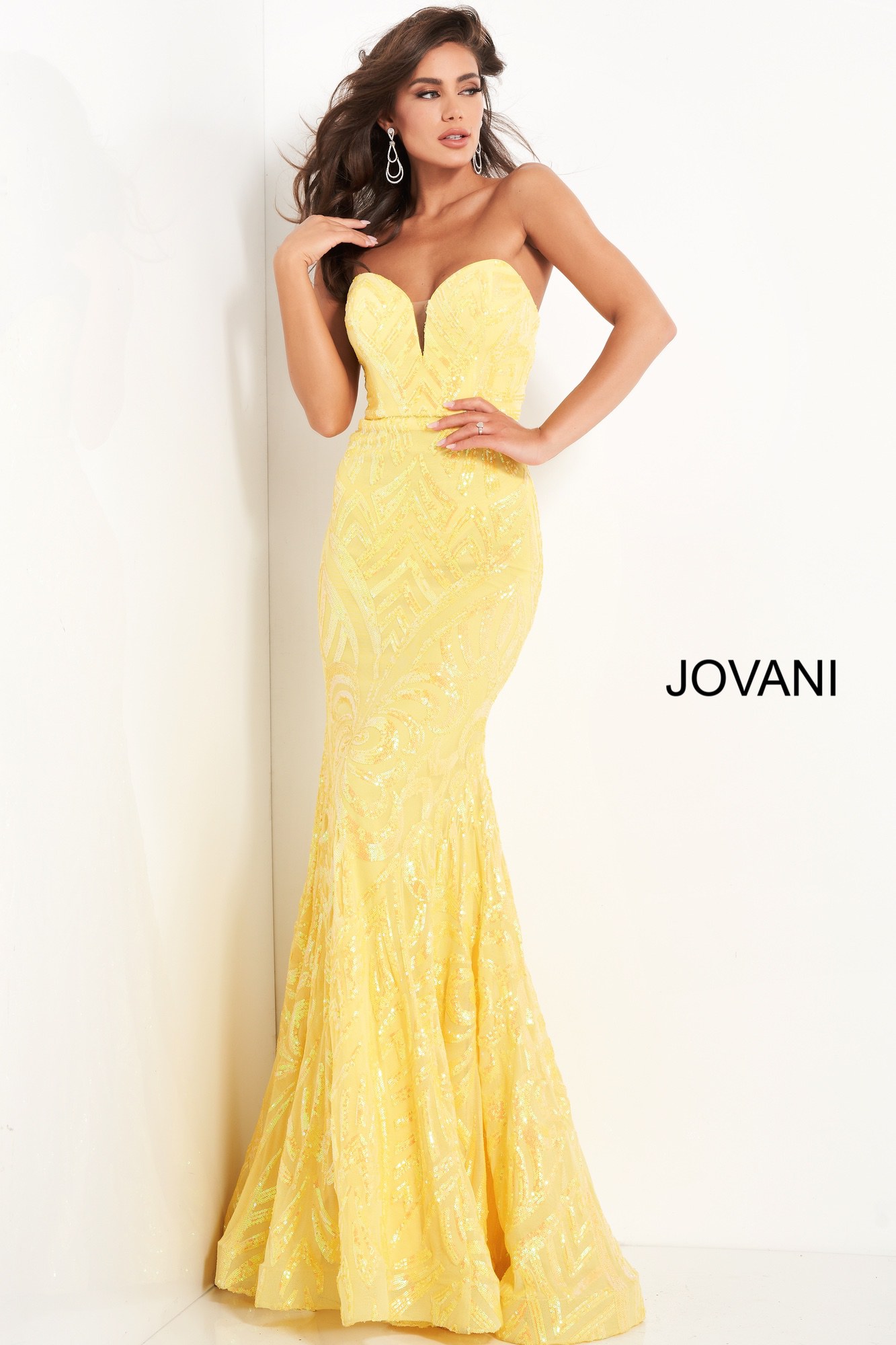 Jovani 03445 Yellow Plunging Neckline Sheath Prom Dress